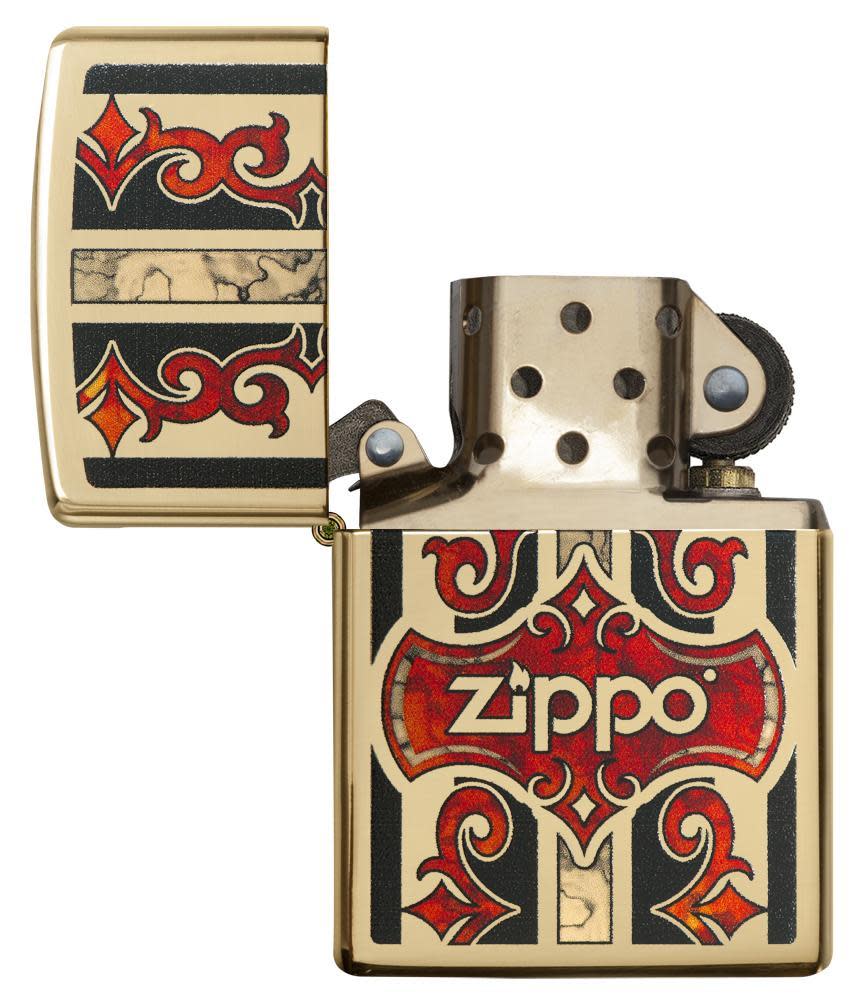 Front view of the Jazzy Zippo Logo with Red Vintage Embellishments, Fusion Process open and unlit
